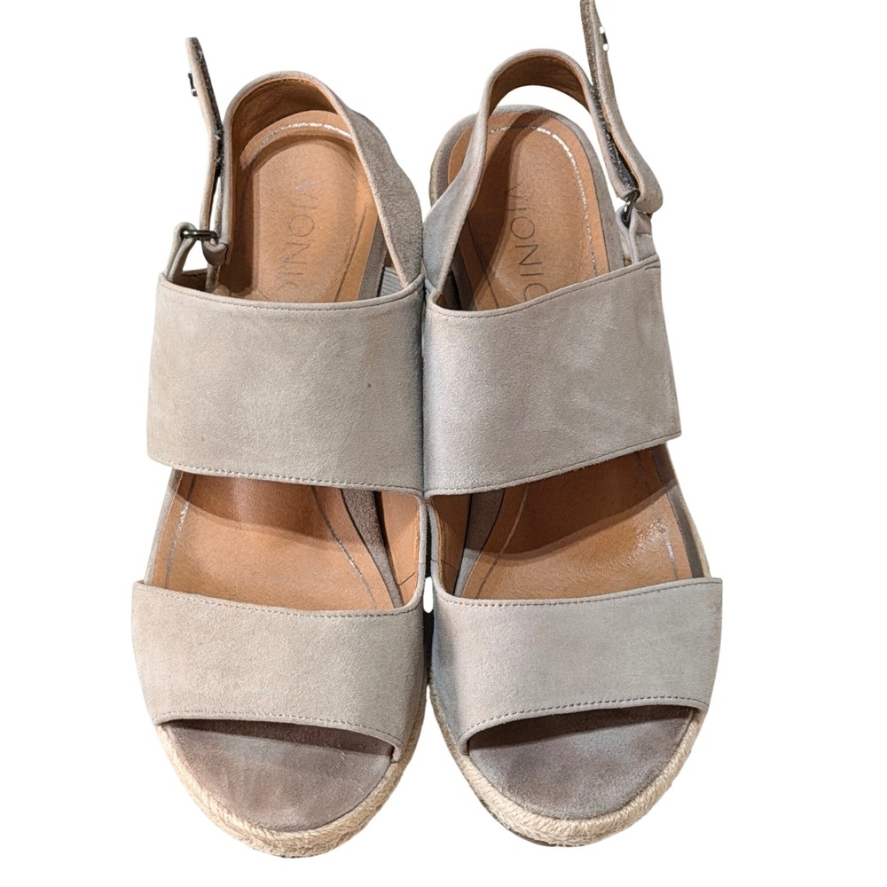 Vionic Brooke Wedge Sandals Womens 9 Gray Suede Espadrille Orthotic Comfort Boho